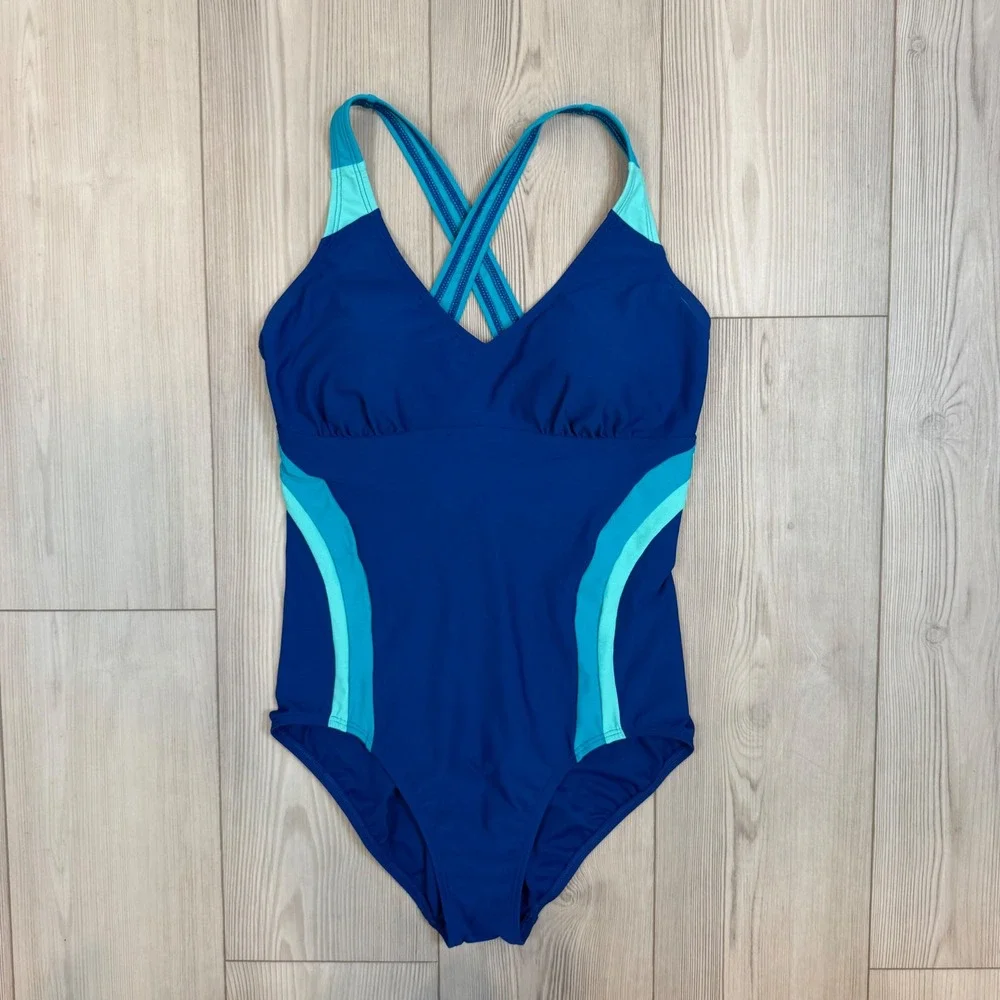 Lands End Blue Turquoise Colorblock One Piece Swimsuit Cross Back Size 10